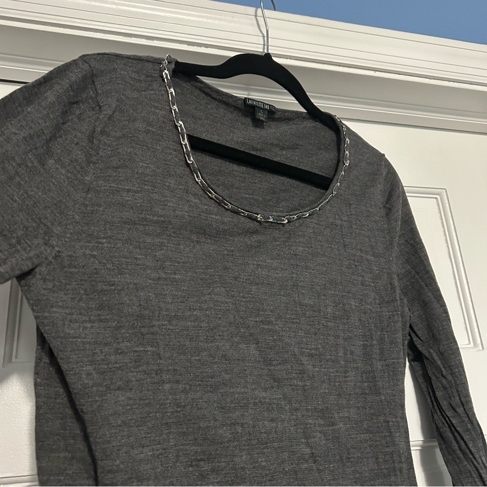 Lafayette 148 large gray long sleeve top chain trim neck 100% wool fall neutral